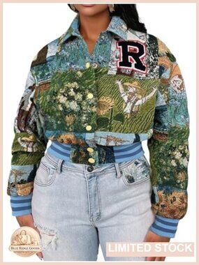 Womens Floral Cropped Bomber Jacket Varsity Letter Patch